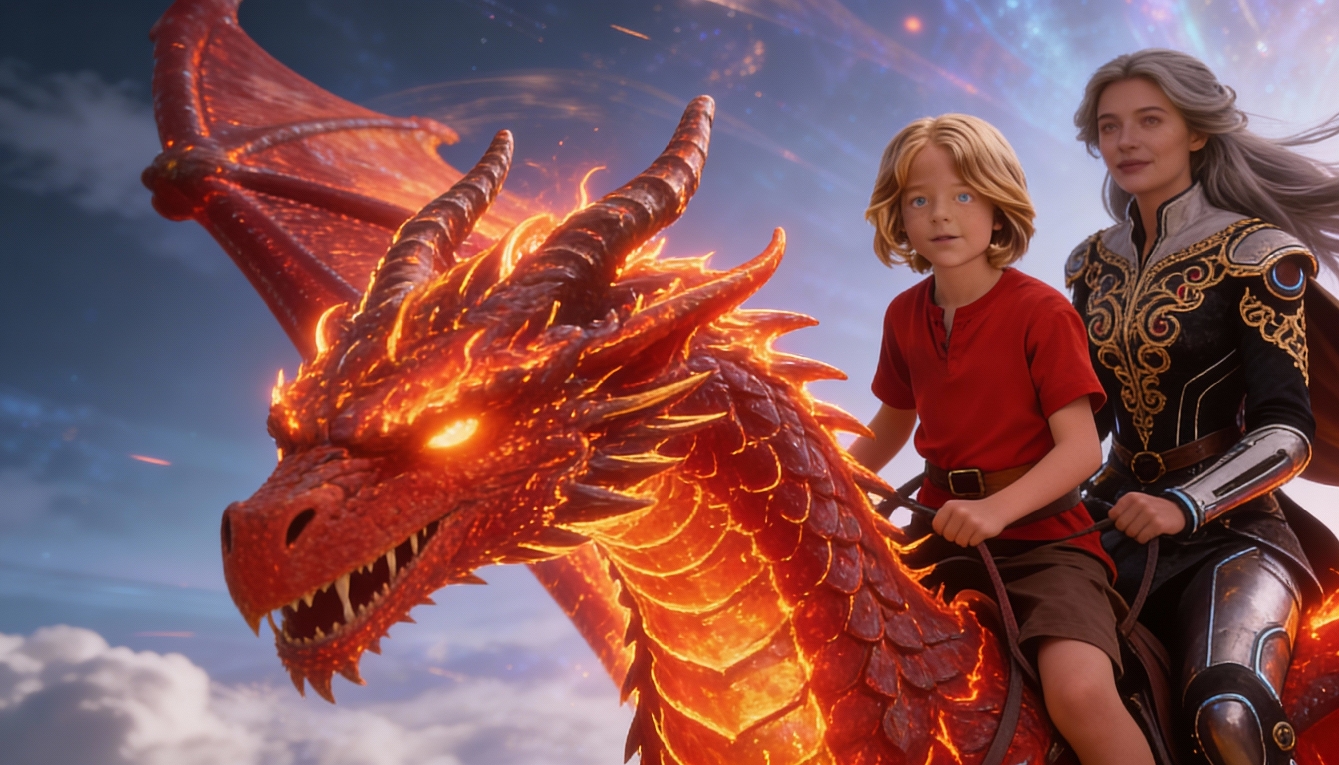 A giant red dragon above the clouds